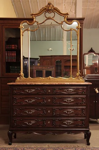 Antique Carved Italian Marble Top Chest, Gold Mirror