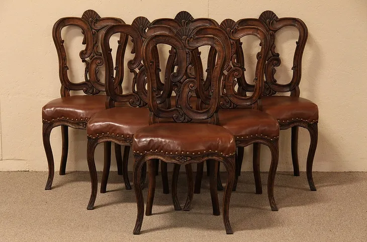 Set of 6 Country French Leather Dining Chairs