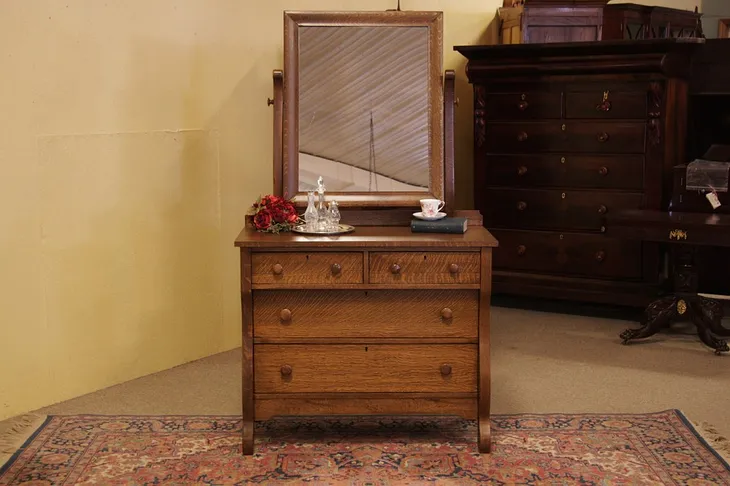 Oak Antique Dresser, Swivel Mirror