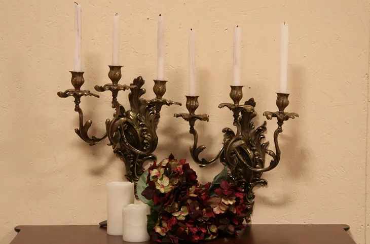 Pair Bronze Rococo Triple Wall Candle Sconces