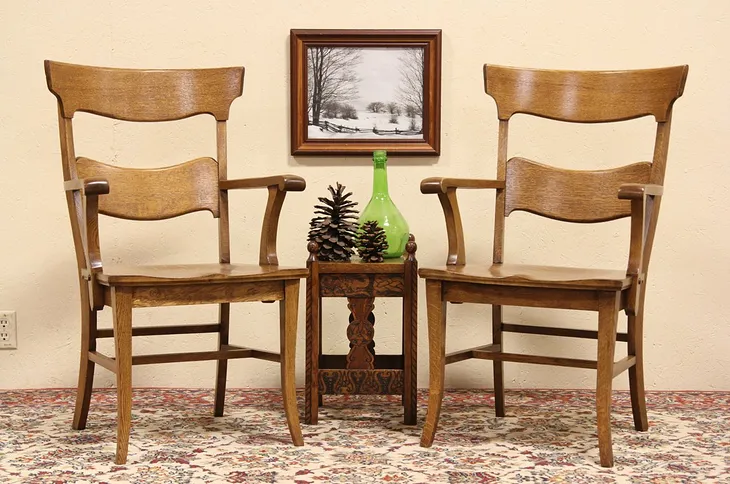 Pair of 1900 Antique Oak Courthouse Armchairs