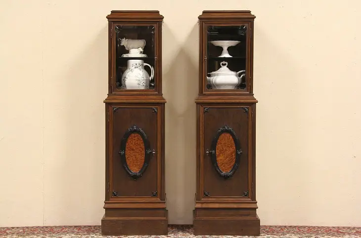 Pair of Oak Matching Cabinets with Beveled Glass