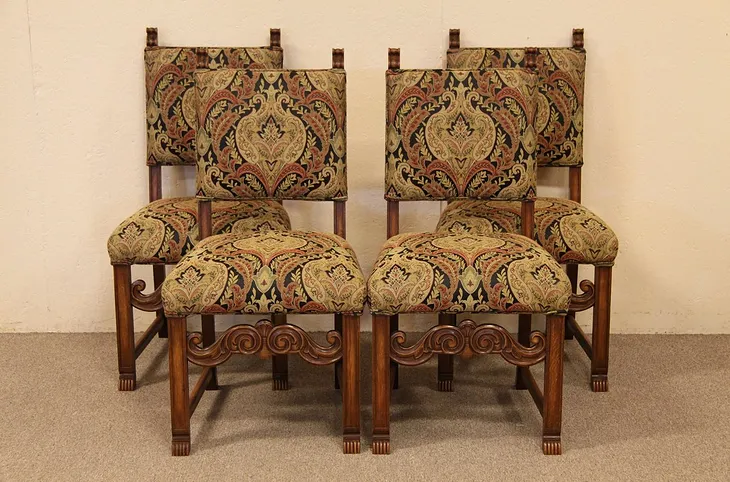 Set of 4 Carved Oak Dining or Game Chairs