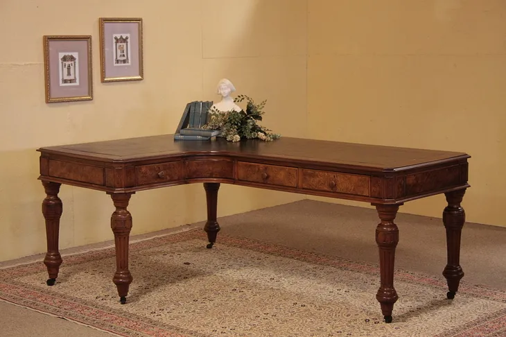 Victorian L Shape Desk, Leather & Burl (1)