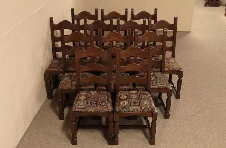 Set of 16 Antique Oak Dining Chairs, Upholstered