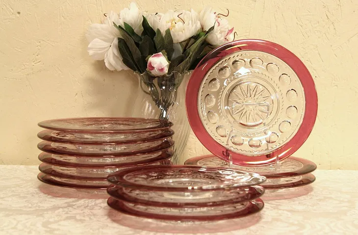 Set of 12 King's Crown or Thumbprint Cranberry Dessert or Sherbet Underplate