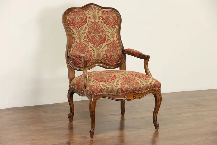 Ethan Allen Carved Country French Chair, Custom Tapestry Upholstery