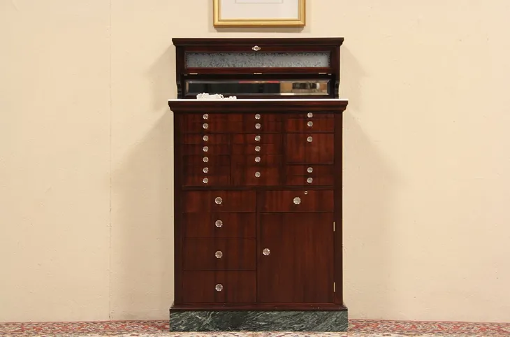 Dentist Antique 1910 Mahogany 21 Drawer Dental Cabinet, Marble Base (1)