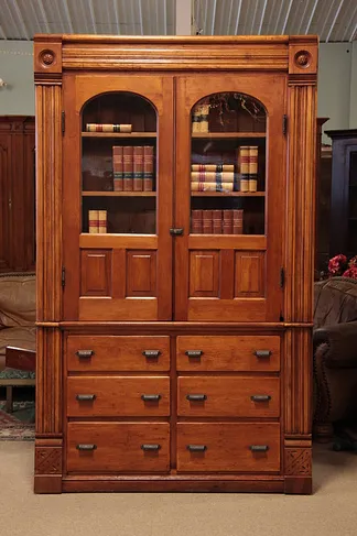 Victorian Pine Eastlake Antique Cupboard, Glass Door