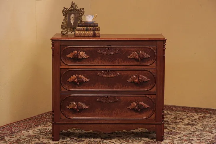 Victorian Dresser, Carved Pulls & Burl