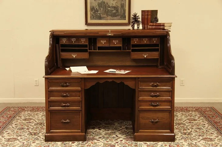 Victorian Antique 5' Walnut Rolltop Desk