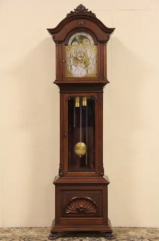 Elite German 1900 Antique Tall Case Grandfather Clock, Tubular Chimes