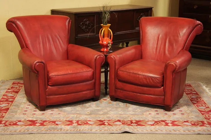 Pair Red Leather Club Chairs