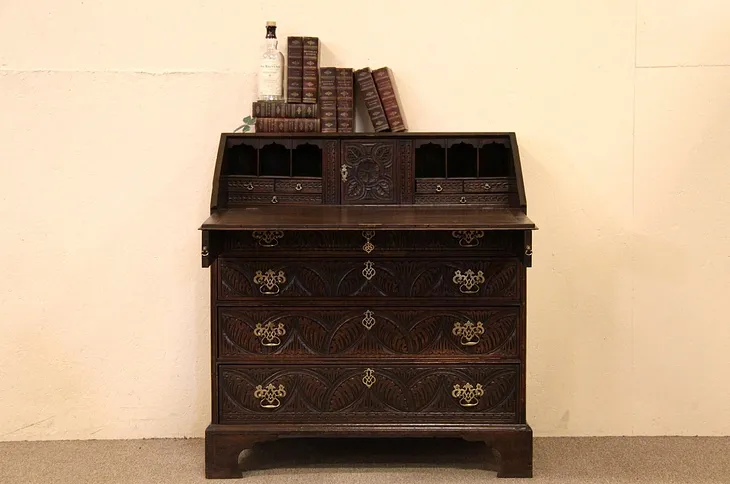 Irish Antique Carved Oak 1880 Secretary Desk