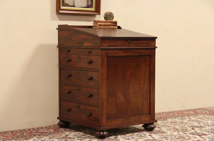 Ship Captain 1875 Desk, Secret Drawers, Sliding Leather Top & Shelf