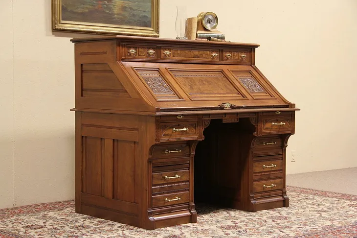 Victorian Eastlake 1880 Antique Secretary Desk, Sliding Top