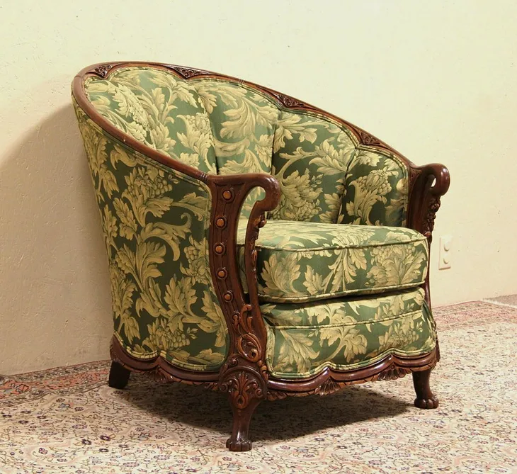 Carved 1930's Tub Chair, Newly Upholstered