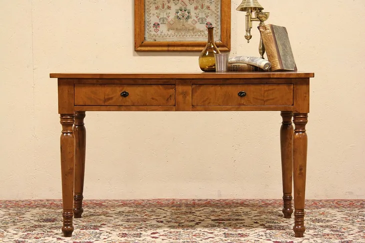 Curly Birch 1870 Antique Writing Desk, 2 Drawers