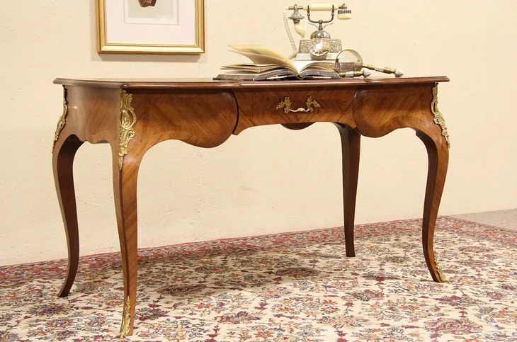 French Vintage Writing Desk, Gold Mounts & Tooled Leather