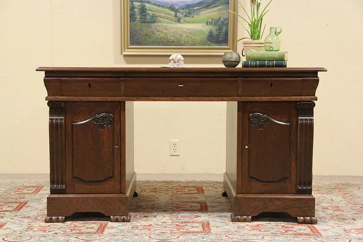 Carved 1900 Antique Oak Library Desk