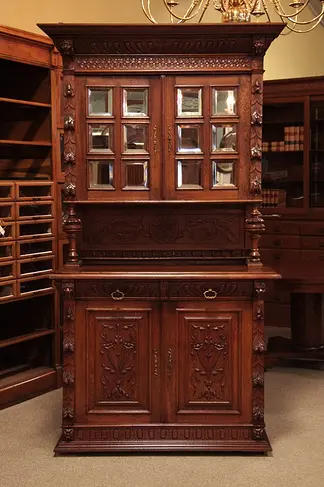 Carved Oak Sideboard Cabinet, 12 Beveled Mirrors
