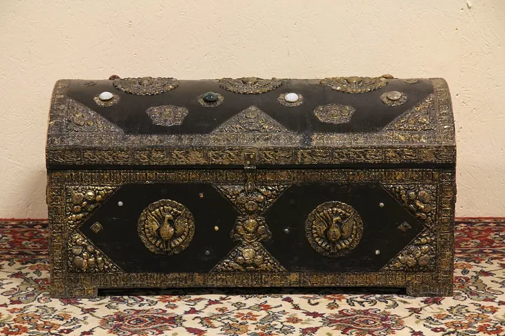 Moroccan Wedding or Dowry Chest, Embossed Brass, Jewels (1)