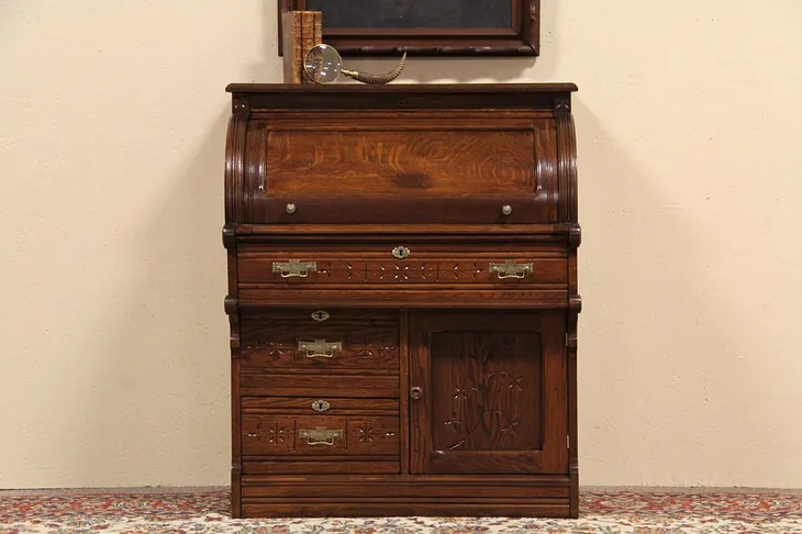 Eastlake Antique Oak Cylinder Roll Top Desk