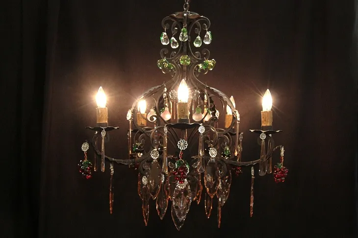 Wrought Iron Chandelier, Glass Fruit