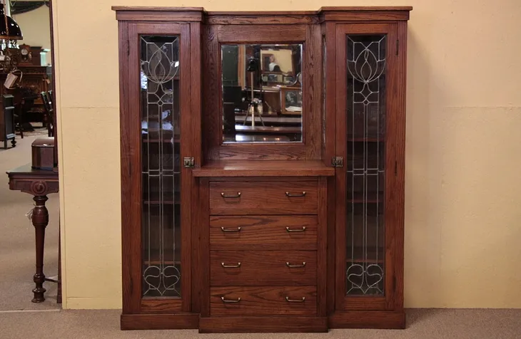 Arts & Crafts Mission Oak Leaded Glass Cabinet