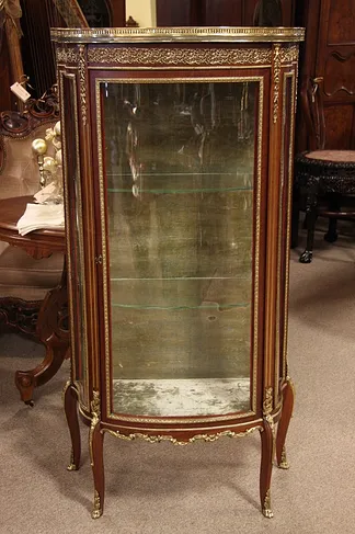 Mahogany Curved Glass Curio Cabinet, Brass Gallery