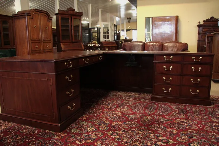 Baker Leather Top Mahogany L-shaped Executive Desk (1)