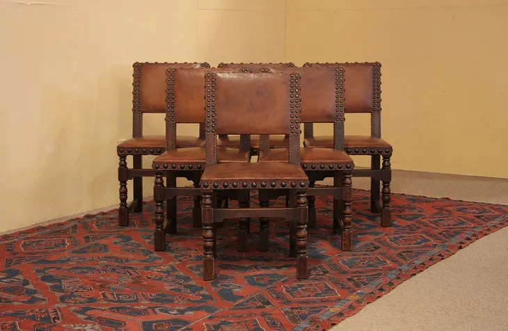 Set of 6 Oak Antique Saddle Leather Dining Chairs