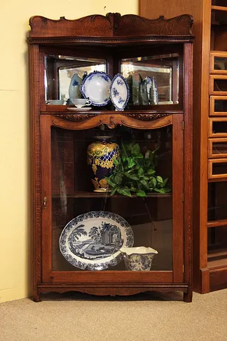 Victorian Oak Antique Corner Cabinet, Beveled Mirror (1)