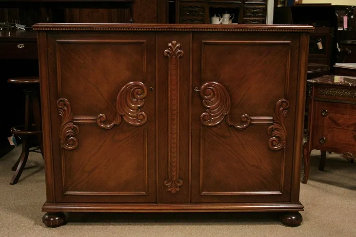 Antique Carved Oak 2 Door Cabinet, circa 1920