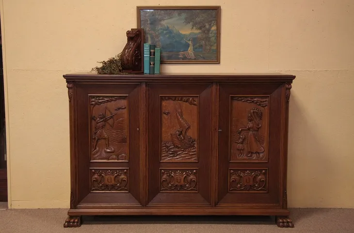 Antique Carved Oak Hunting & Fishing Scene Cabinet