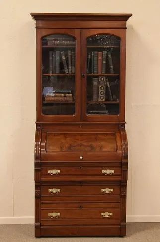 Victorian Eastlake Cylinder Roll Top Desk & Bookcase