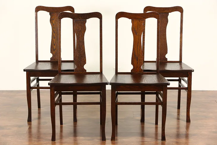 Set of 4 Oak Antique 1910 Dining or Game Table Chairs