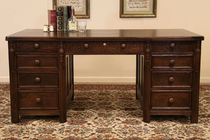 Oak Antique Executive Desk, Carved & Paneled