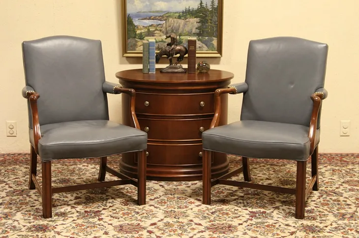 Pair of Kittinger Leather Traditional Vintage Armchairs