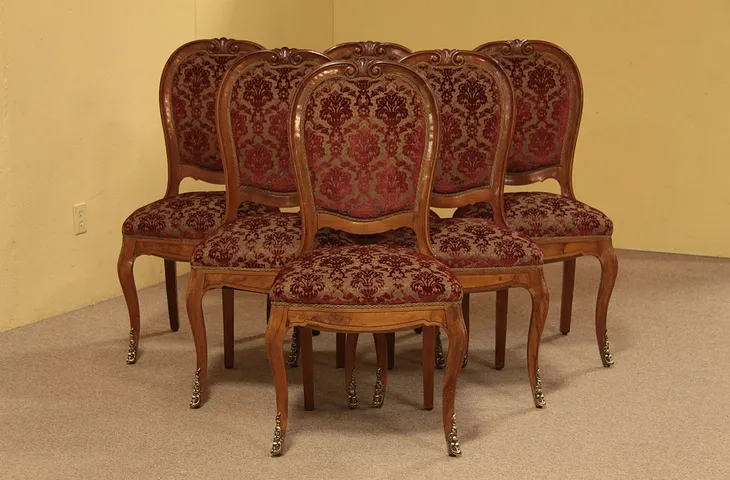 Set of 6 Carved Walnut Dining Chairs, Bronze Mounts