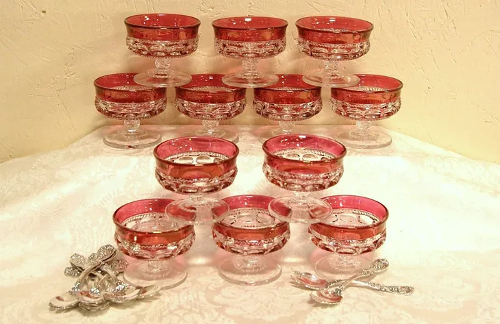 Set of 12 King's Crown or Thumbprint Cranberry Sherbet Goblets