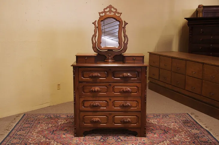 Victorian Walnut Chest or Dresser, Wishbone Mirror