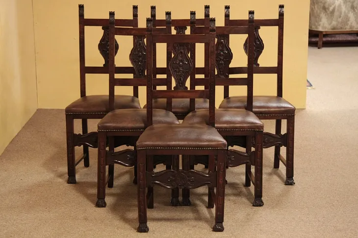 Set of 6 Carved Walnut Dining Chairs