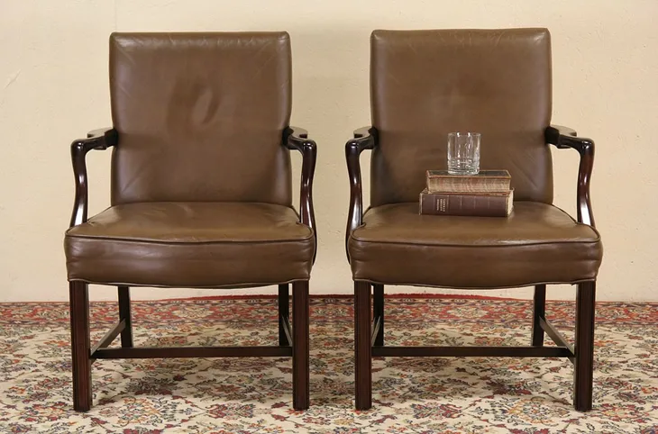 Pair Kittinger Vintage Leather Mahogany Chairs (1)