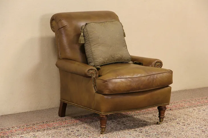 Whittemore Sherrill Signed Leather Chair with Arms, Brass Nailhead Trim (1)