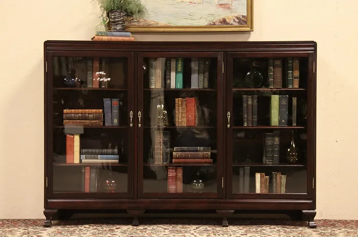 Triple Antique 1910 Bookcase, Wavy Glass Doors (1)