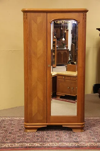 Art Deco Antique Oak Armoire, Beveled Mirror