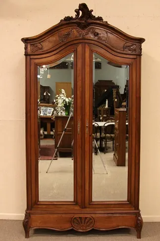 Carved Country French Armoire, Beveled Mirrors