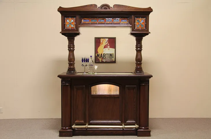 Victorian Oak Bar, Leaded Glass, Brass Rail