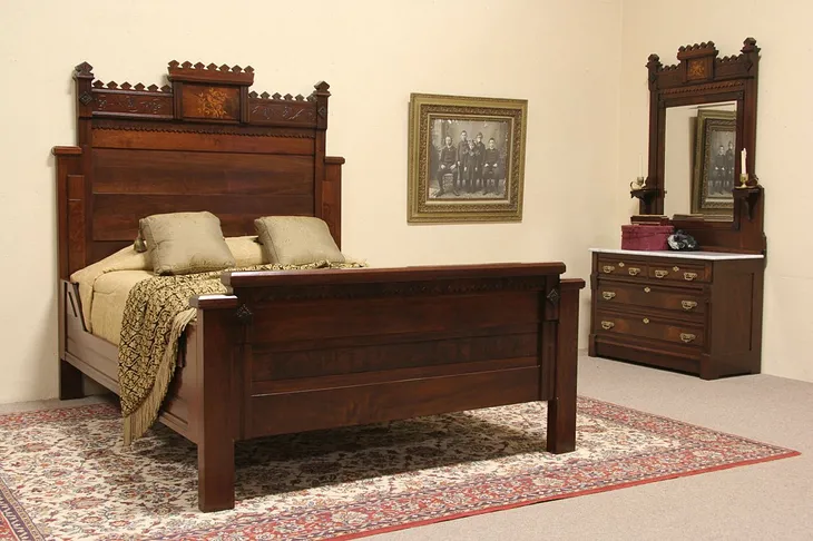 Eastlake Walnut 1880 Antique Queen Size Bedroom Set, Marquetry Bird